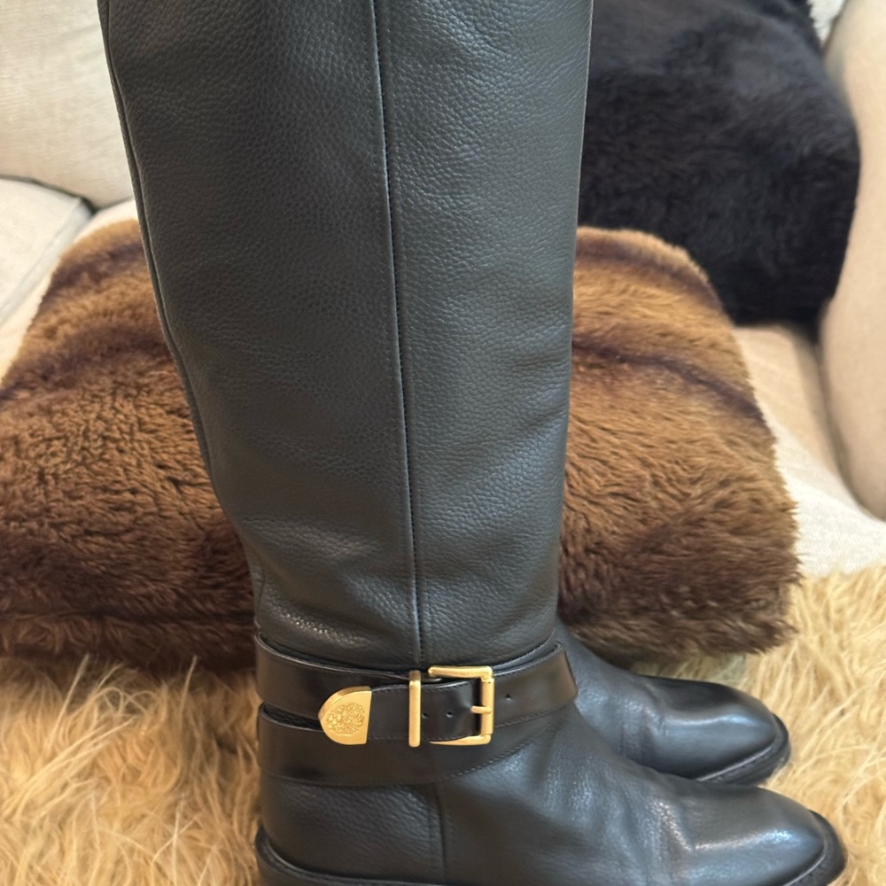 Vince Camuto Black Leather Over the Knee Boots with Gold Buckle - Picture 2 of 6